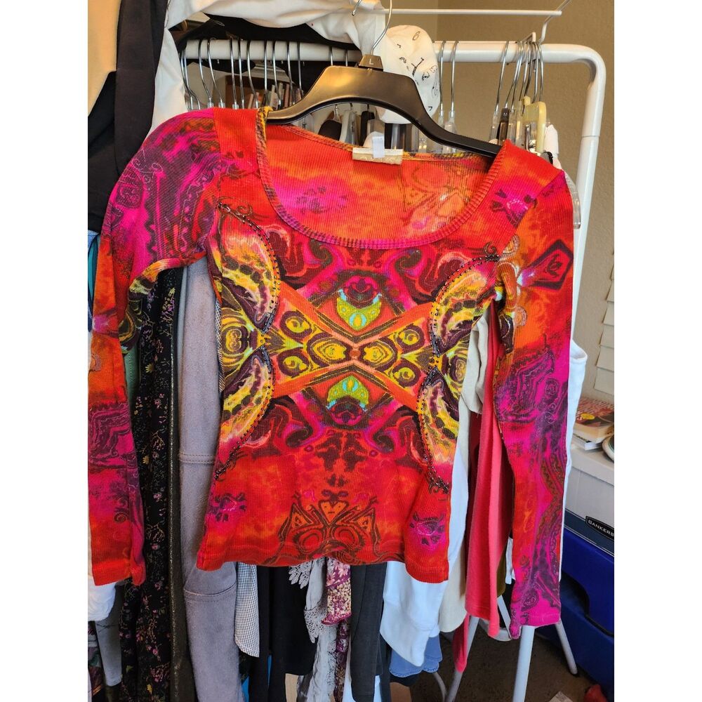 Vintage Caché vibrant red and multi-color Y2K printed top Size S